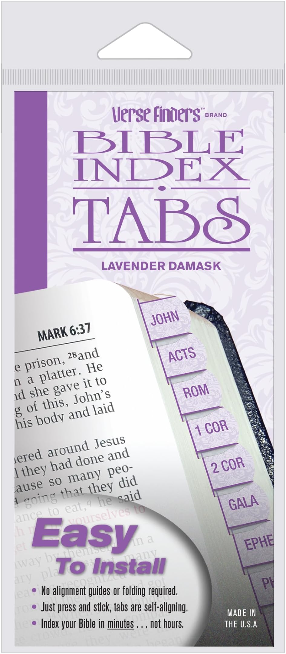 G.T. Luscombe Company, Inc. Lavender Damask Verse Finder Bible Tabs | Easy to Install, Self-Aligning, Just Press & Stick | Horizontal Text | Complete Set of Tabs for The Old & New Testaments