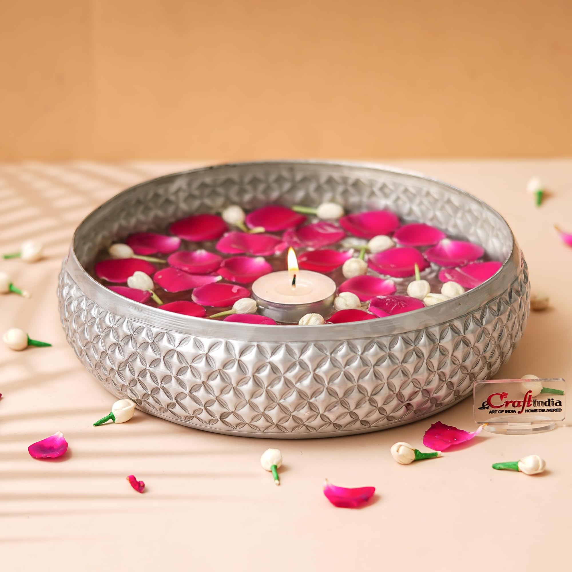 eCraftIndia Floral Silver Metal Urli Bowl for Home Decoration Office Tv Unit Kitchen Showpiece for Good Luck | Urli for Floating Candles Flowers for Pooja Room Entryway Living Room Diwali Gift-image-31