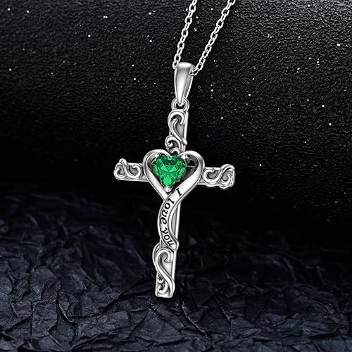 Vista 3 de TOUPOP - Collar de cruz con piedra natal para mujer, de plata de ley 925, con colgante de cruz en forma de corazón, joyería con texto "I Love You