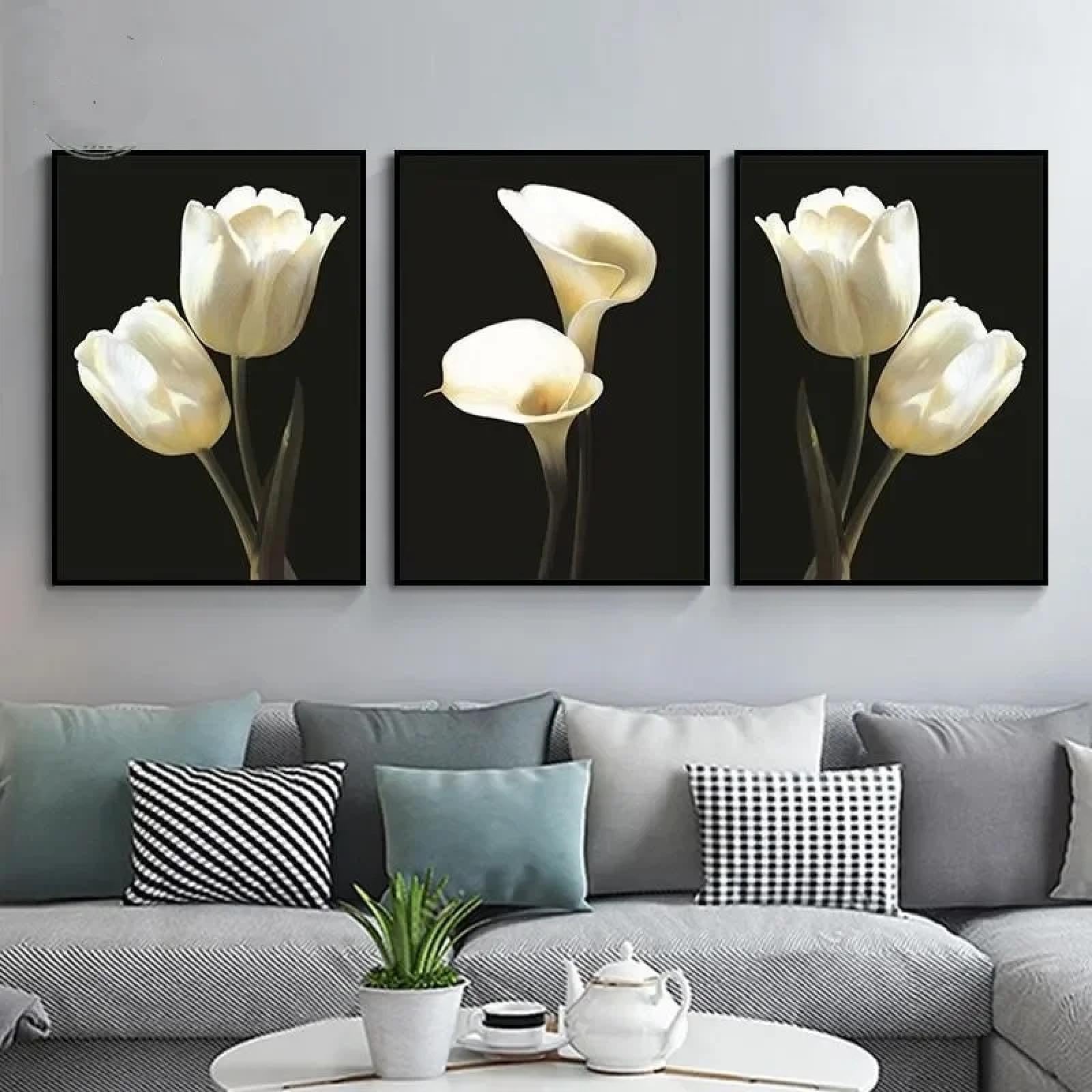 dsdsgog Simple Wall Art Calla Lily Flower in White on Black Art Canvas Printed Posters for Home Living Room Bedroom Decorative Painting 80x110cmx3 Frameless