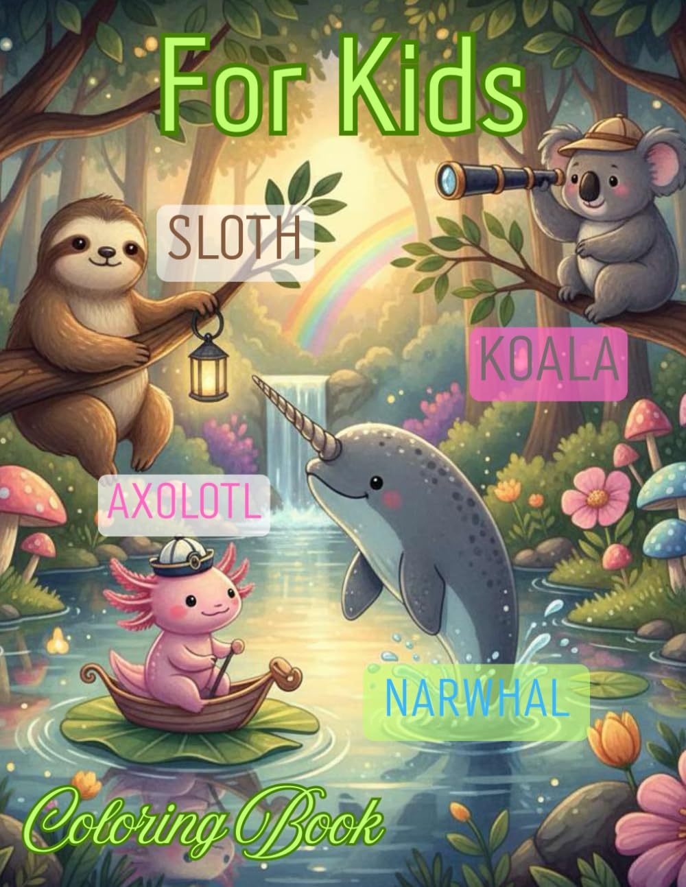 Axolotl, Narwhal, Sloth, and Koala Coloring Book: Fun and Cute Coloring Book For Kids Ages 4-8