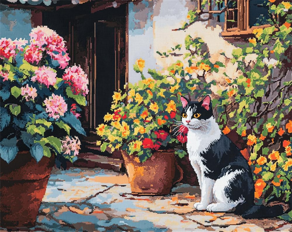 Henypt Cross Stitch Kits 11Ct Stamped Patterns Courtyard Cat for Adults DIY Preprinted Embroidery Kit for Beginner