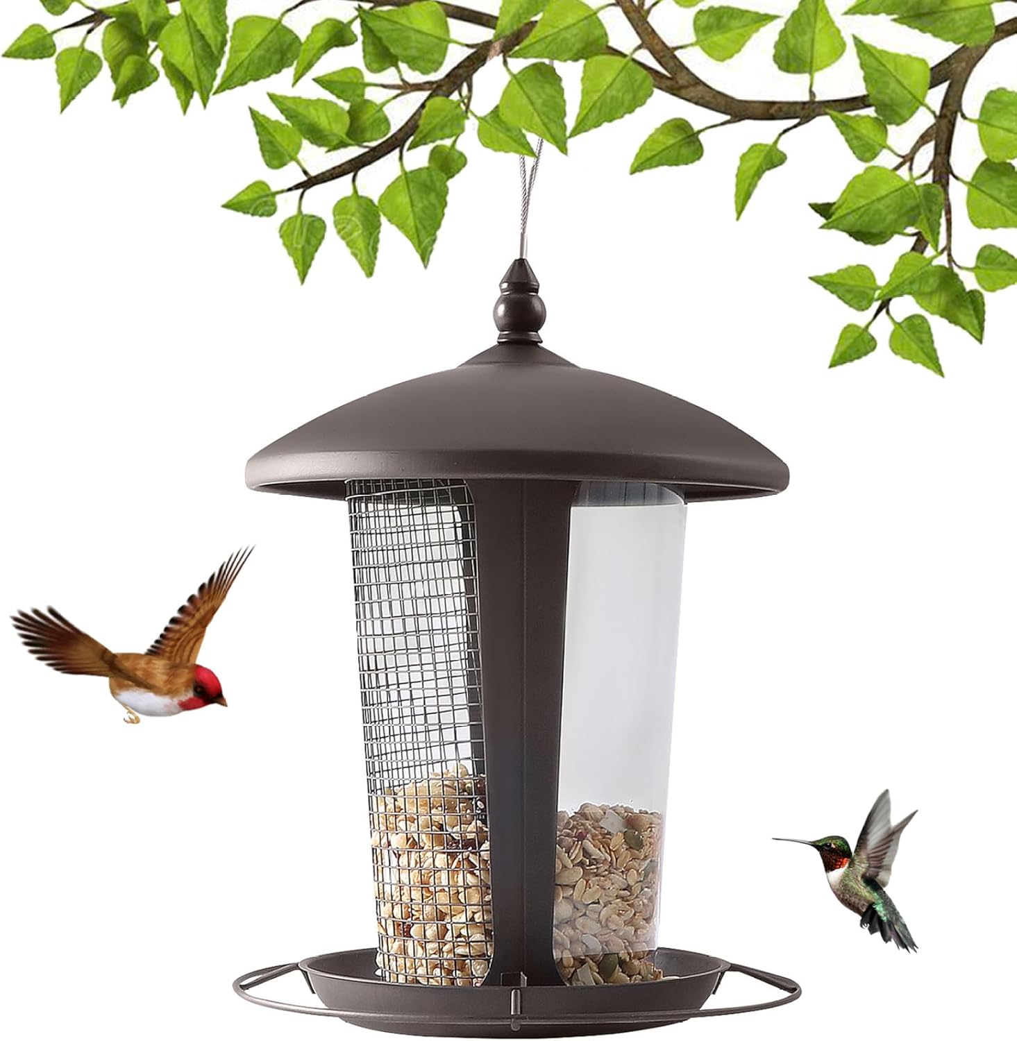 Bird Feeder 2 in 1 Hanging Bird Feeder Rainproof Squirrel Proof with Draining Hole Rotary Lock Feeders for Outdoor|Feeders