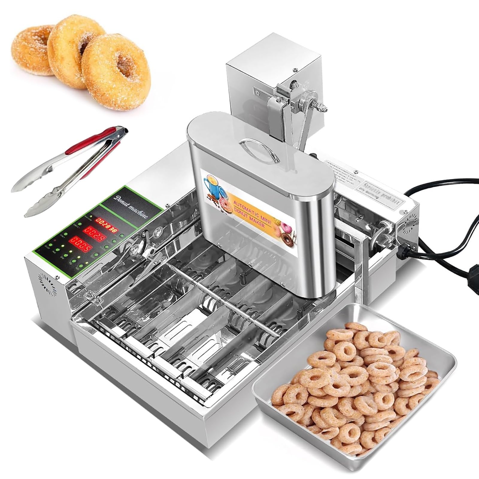 Máquina automática para hacer donas de 2000 W y 4 filas, máquina comercial para hacer donas con temperatura ajustable de 50 a 220 °C, tolva de 5,5 L, 1800pcs /h, contador y temporizador