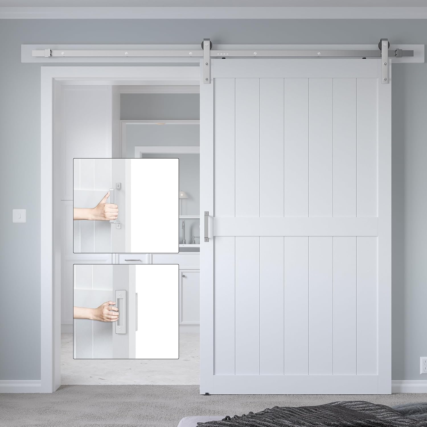 48in x 96in White Sliding Barn Door with 7ft Brushed Nickel Hardware Kit & Handle, Pre-Drilled Holes Easy Assembly -Solid Barn Door Slab Covered with Water-Proof PVC Surface, H-Frame