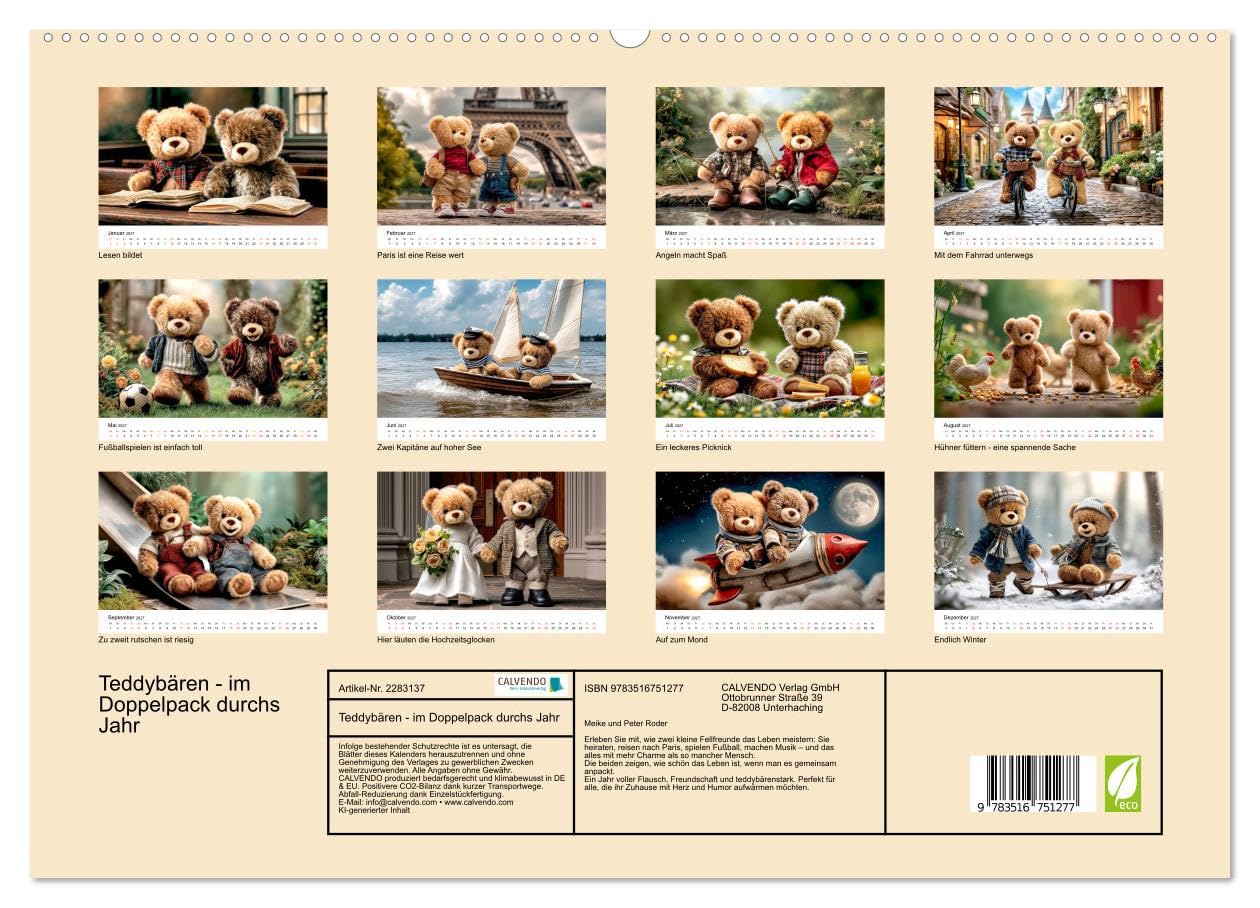 Teddybären - im Doppelpack durchs Jahr (hochwertiger Premium Wandkalender 2027 DIN A2 quer), Kunstdruck in Hochglanz: Zwei kleine Fellfreunde meistern das große Leben. (CALVENDO Tiere)