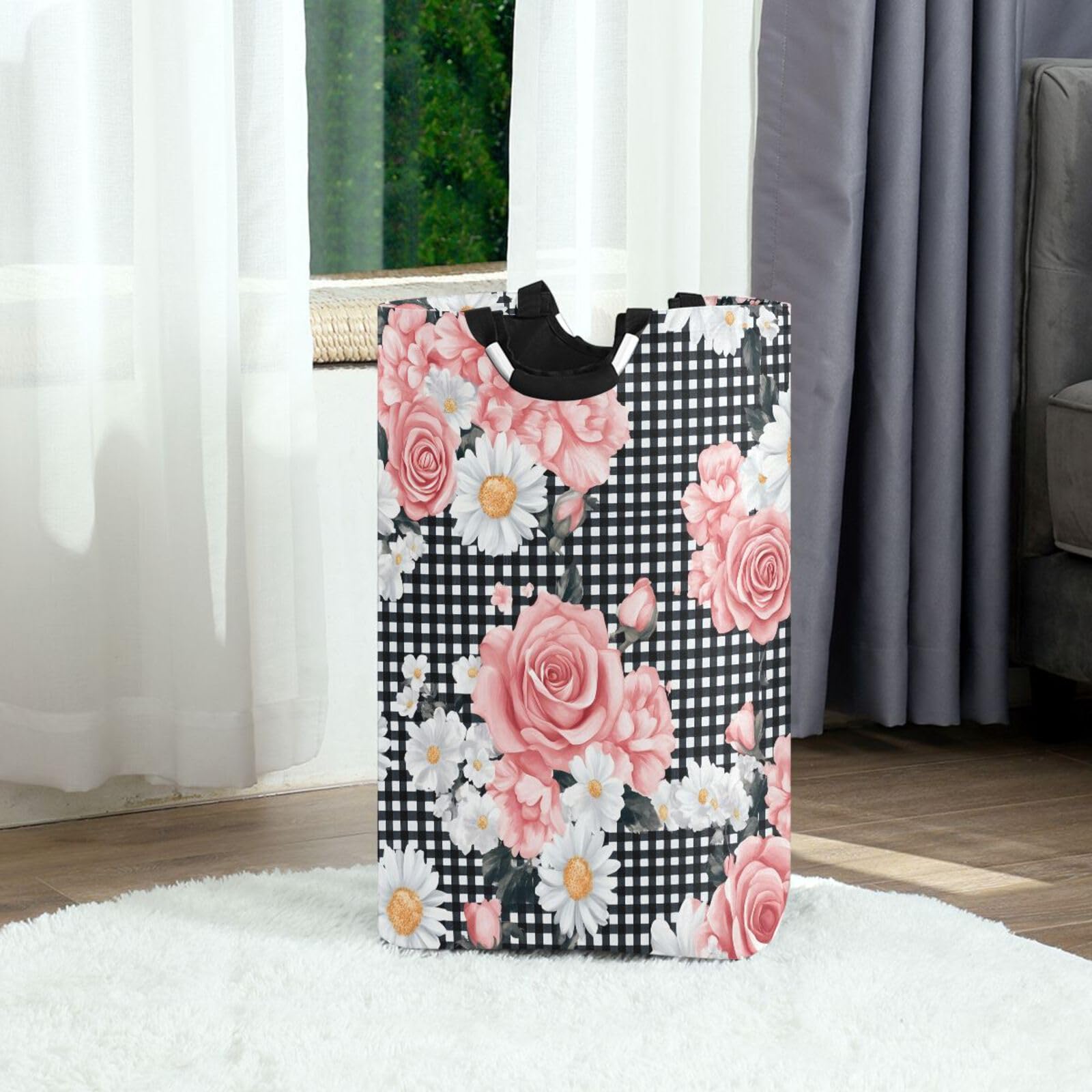 Jihqo Laundry Hamper Basket Roses Daisies Buffalo Print Collapsible Nursery Storage Bin Waterproof Clothing Baskets for Home Bedroom Bathroom Washing Room