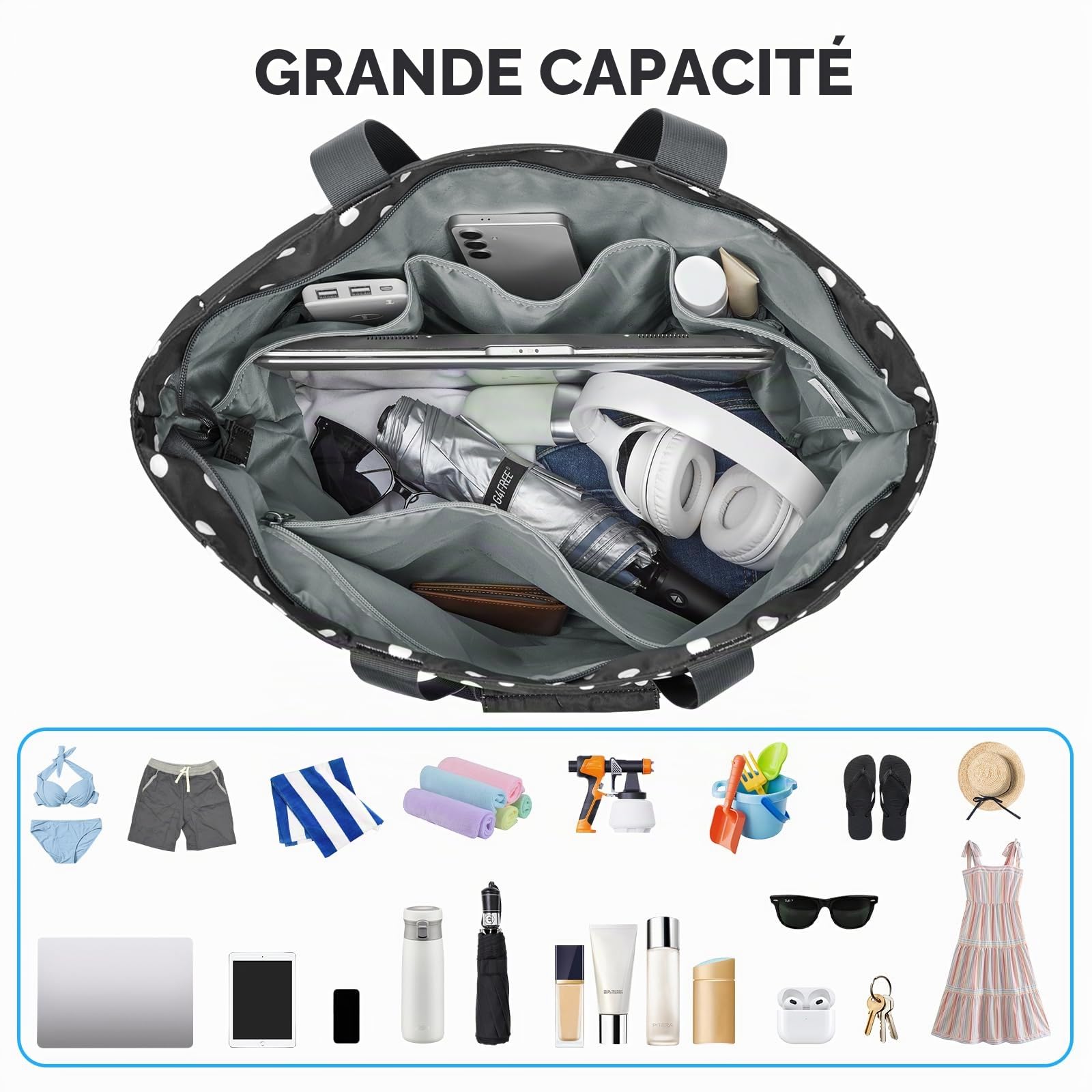G4Free Sac Fourre-tout de Plage Imperméable, Pliable et Résistant au Sable de Grande Capacité pour Femme