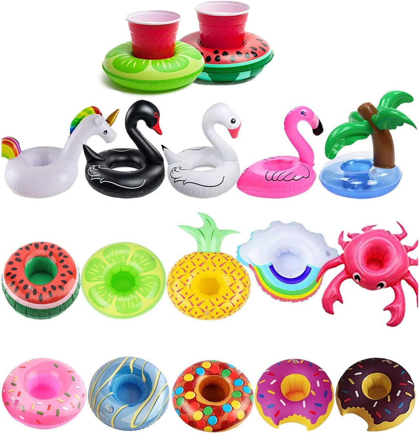 15 Pcs Inflatable Swimming Pool Party Drink Cup Holder, including Flamingo Donut Fruit Coasters for Swimming Pool Party