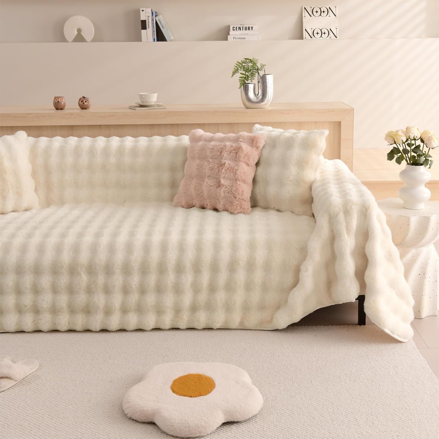 VM VOUGEMARKET Cream White Couch Cover 1-Piece Fluffy Faux Rabbit Fur Sofa Throw Cover Warm Soft Smooth Loveseat Cover,Fluffy Plush Bed Sofa Throw Blanket-71" x 118"