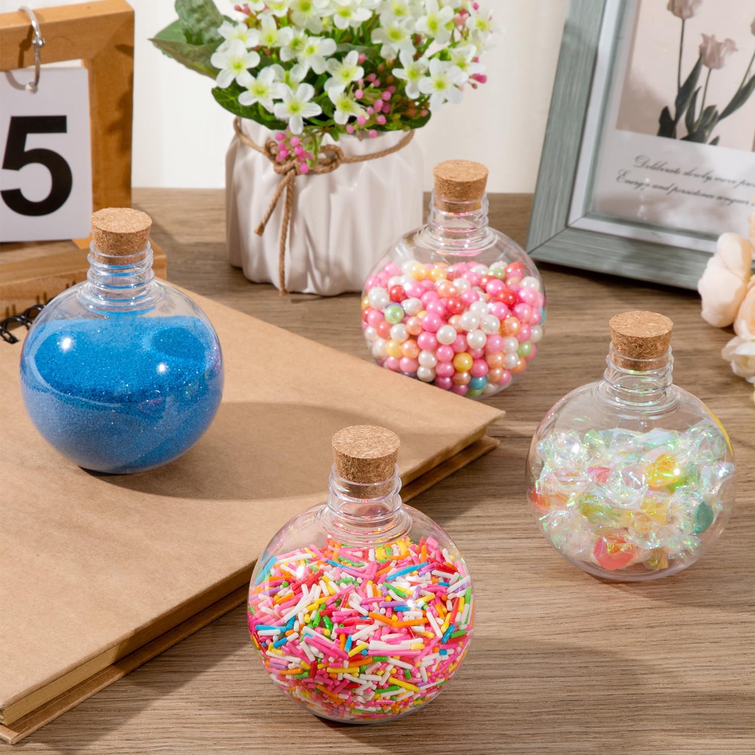 30 Pcs Plastic Potion Bottles with Corks, Spherical Sand Art Bottles 7 Oz Ball Shape Clear Candy Jar for Halloween Christmas Birthday Party Favor Gift Crafts Decoration