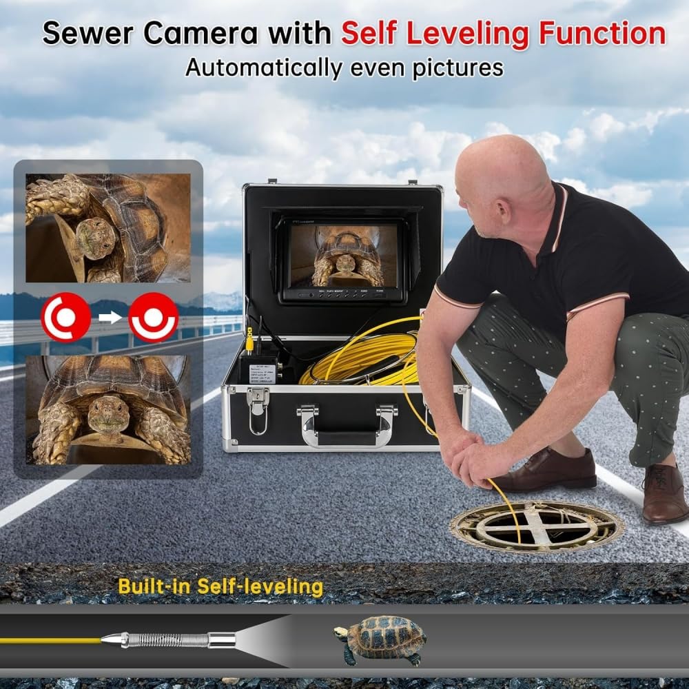 Self Leveling Sewer Inspection Camera with 512hz Locator,50M/165ft Cable Portable Pipe Inspection Camera with 9" HD Color Monitor,DVR 16GB,Meter Counter