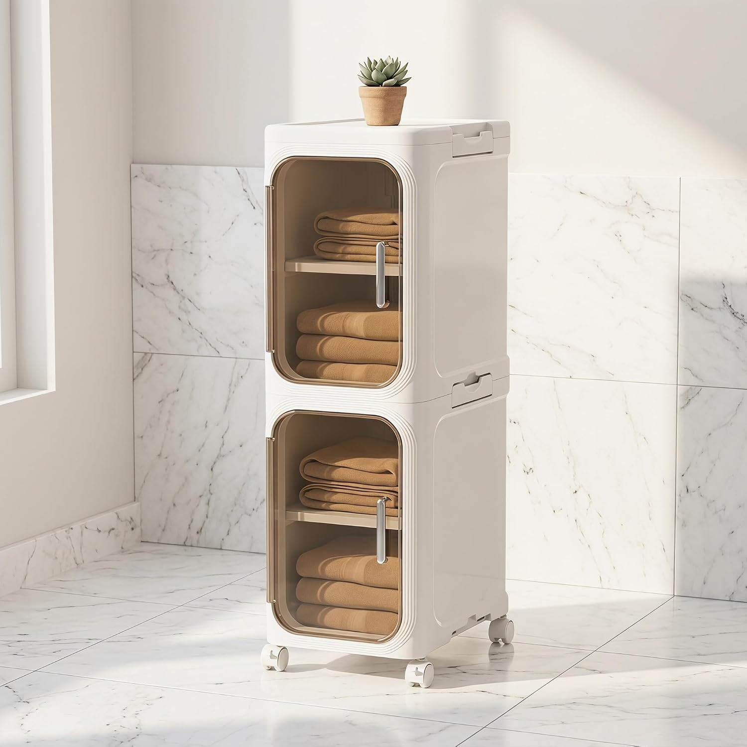 KHNR 2-Tiers Slim Bathroom Storage Cabinet, Foldable Storage Cabinets,Narrow Bathroom Storage,Movable Bathroom Storage Organizer for Small Spaces,Bathroom,Kitchen,Laundry,Cream White