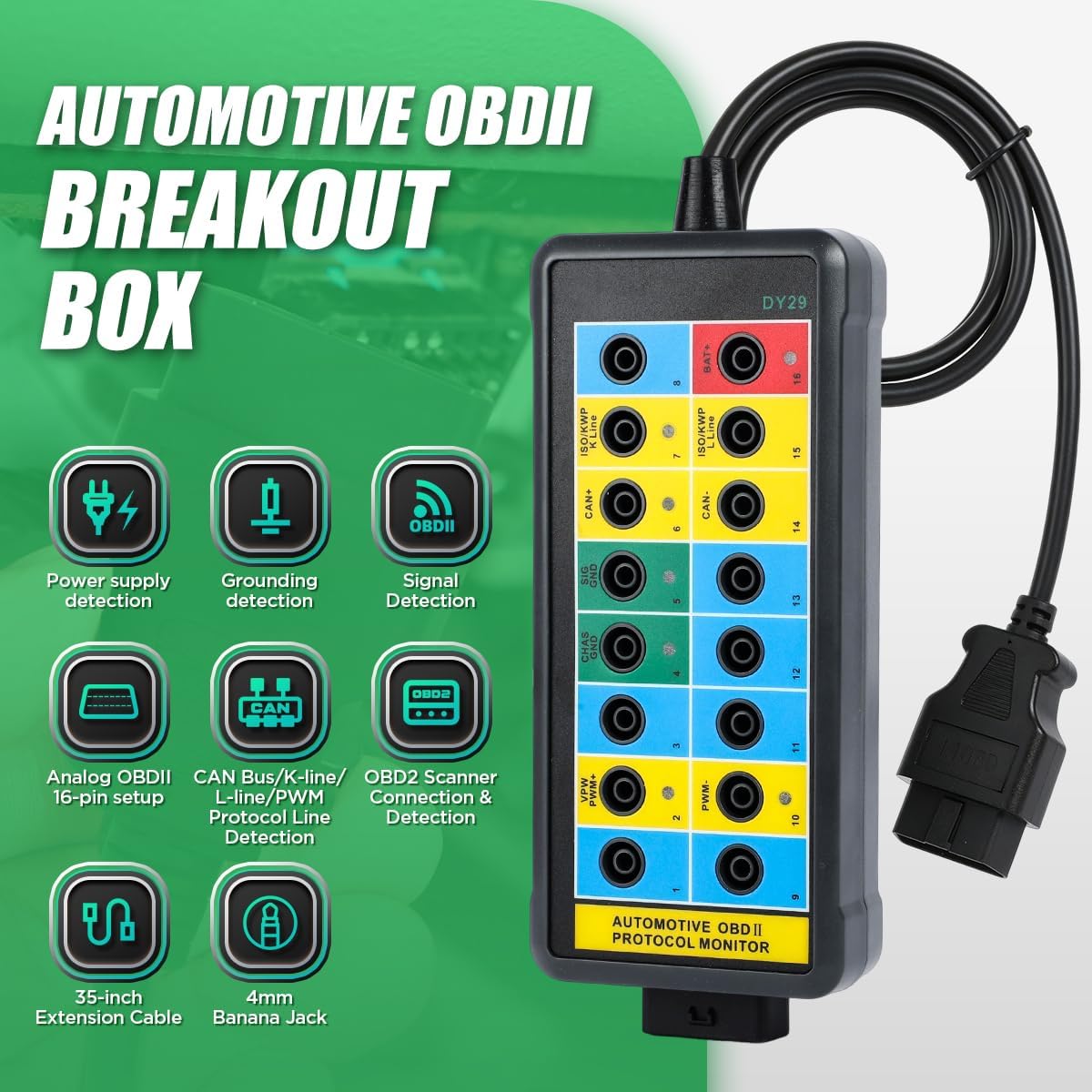 OBD2 Breakout Box Powerful OBDII Protocol Detector Communication/Power/Ground Detection Breakout Box 16-Pin CAN Breakout Box Automotive with OBD2 Scanner Connector, 4mm Banana Jack, 35-inch Cable