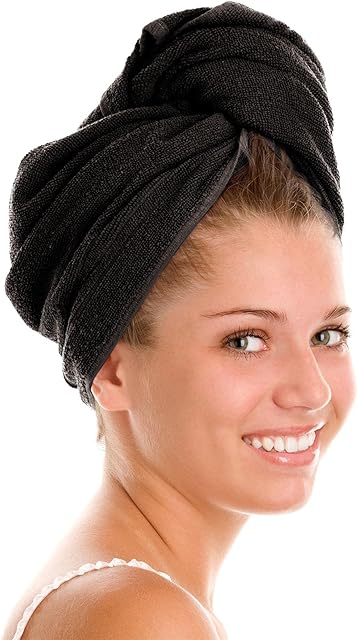 Adore Home Hair Turban Towel 100% Cotton Absorbent Soft Wrap With Loop & Button, Black