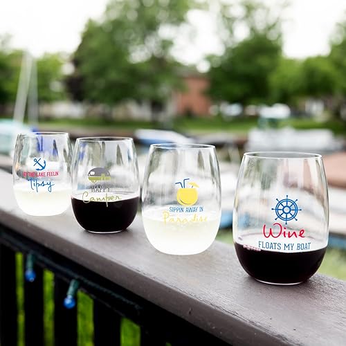 Miniatura 5 de Pavilion Gift Company - Wine Floats My Boat - Copa de vino sin tallo de 14 onzas Tritan Cup Yelm Boater Boating Beach Seaside Waterfront Ocean