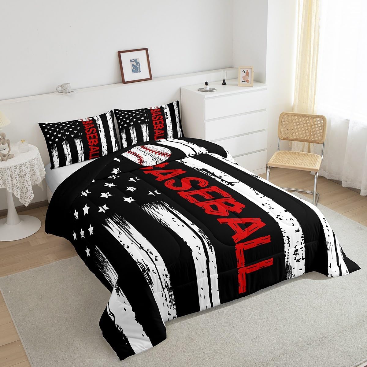 Erosebridal Baseball Comforter Set Full Sports Bedding for Boys Kids Teens USA Flag Quilt Set 3pcs Baseball Print Duvet Geometric Stripe Bedding Set with 2 Pillow Sham Breathable Vintage Home Decor