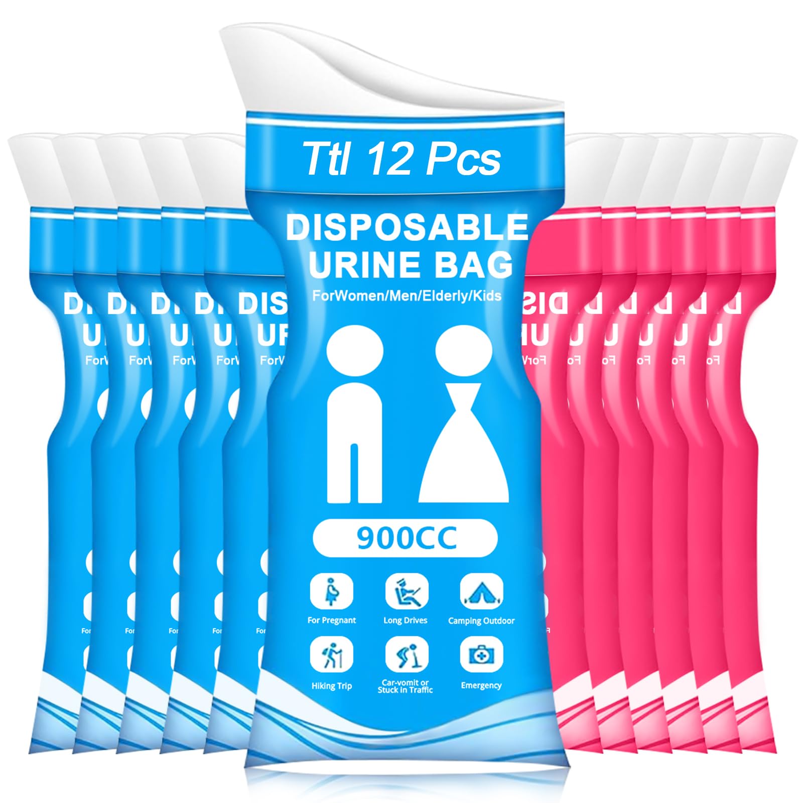 AWOKEN Disposable Urine Bag for Travel - 900ML Pee Bags for Women Men 12/24pcs Emergency Vomit Bags Urinal Toilet for Car Camping, Road Trip,Traffic Jam, Pregnant, Kid (6pcs Blue and 6pcs Rose red)