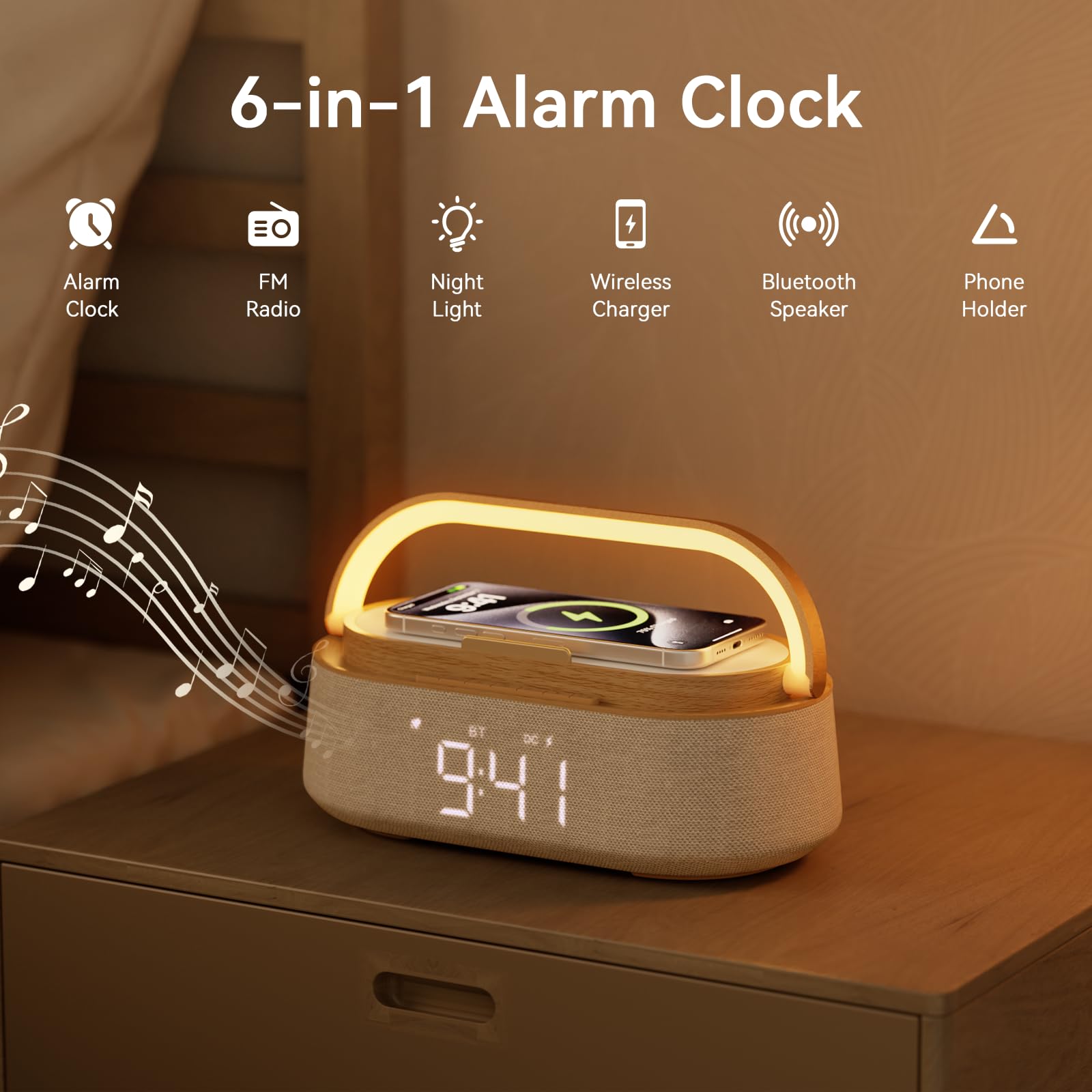 FREEFISH 6-in-1 Alarm Clock with Bluetooth Speaker, Wireless Charging, FM Radio, Night Light, Phone Holder, Digital Clock, 15W Fast Charger for iPhone 16/15/14/13 Samsung, Bedroom Office Gift (Wood) — view 2