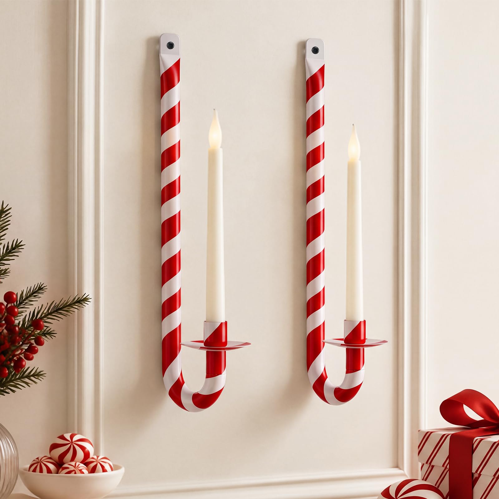 Meanplan 2 Pcs 15.7" Candy Cane Christmas Metal Wall Candle Sconce