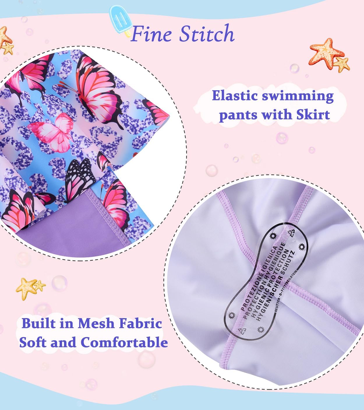 Girls Long Sleeve Rashguard Half Zip Swimsuits UPF 50+ Two Piece Swim Sets with Hairband 5-12Y