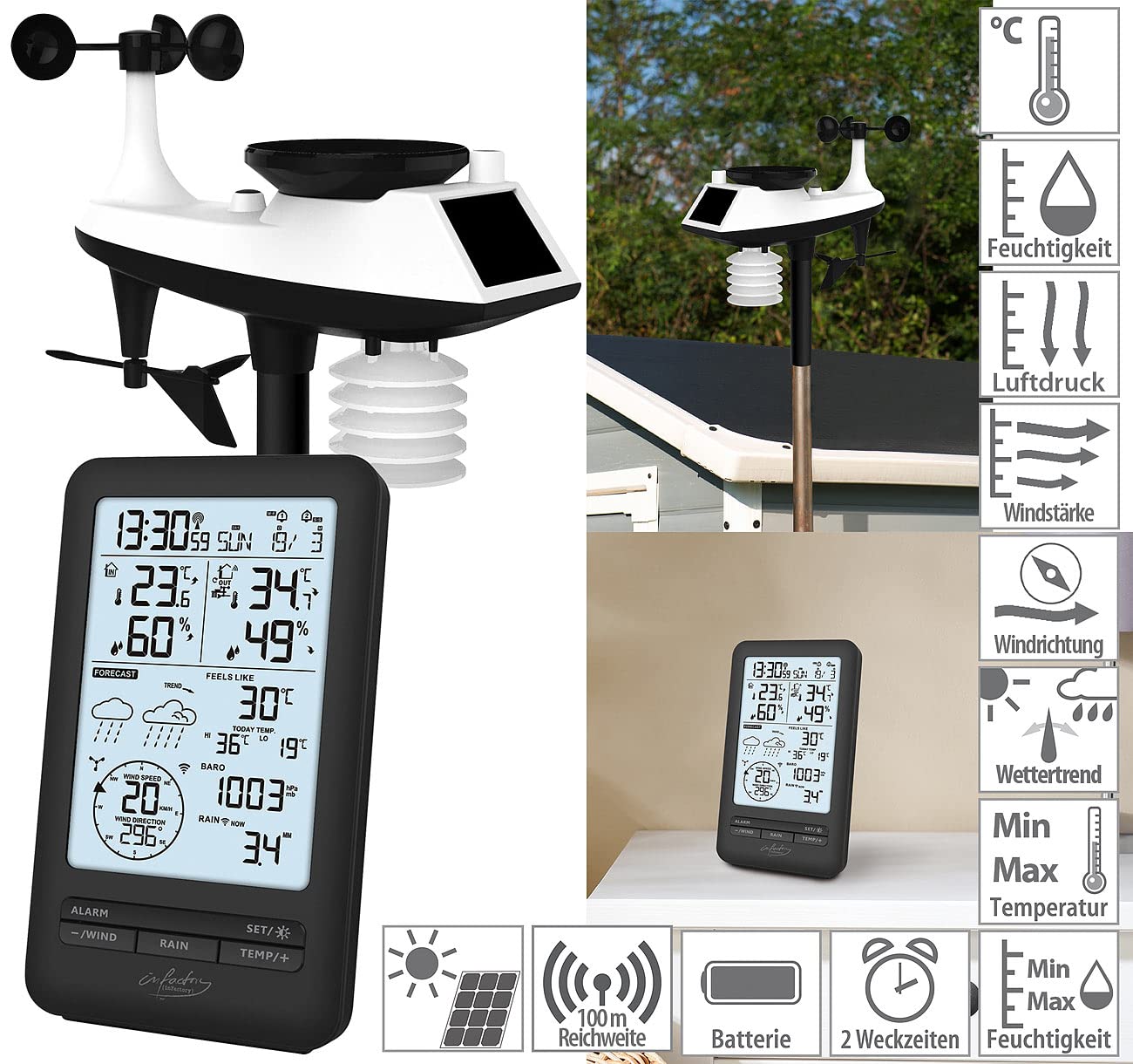 infactory Regenmesser: Funk-Wetterstation mit Profi-Außensensor, Wettervorschau & Hygrometer (Regensensor, Wetterstation mit Regensensor, WC)