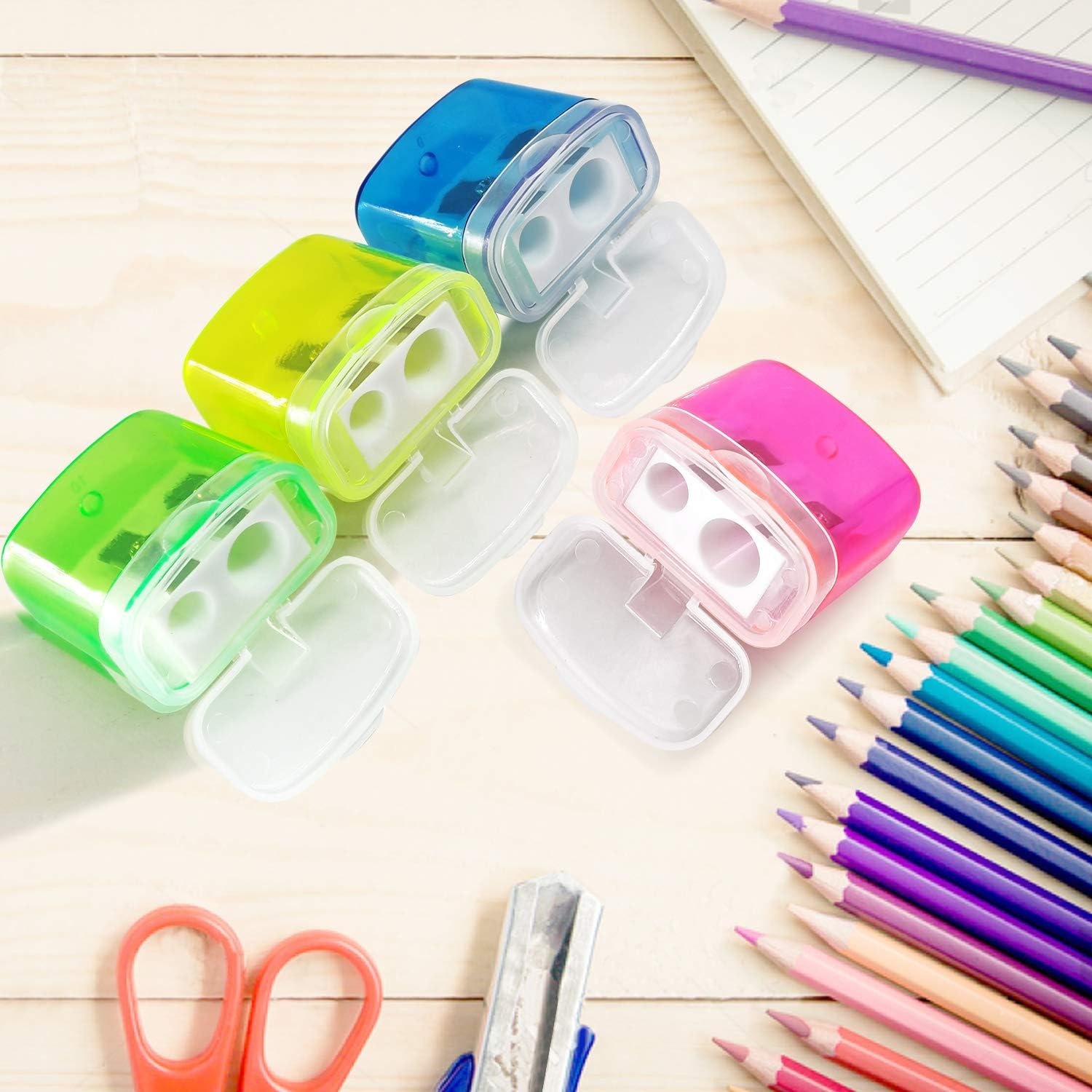 Manual Pencil Sharpeners, 4PCS Colorful Compact Dual Holes Sharpener with Lid for Kids & Adults, Portable Pencil Sharpener for Travel School Office and Art Room : Office Products