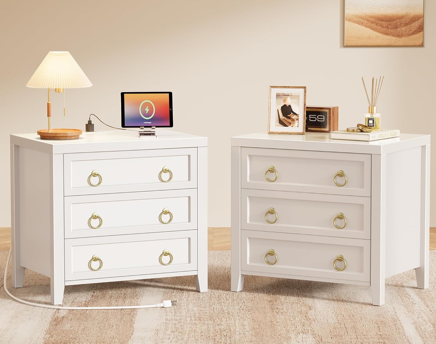 Huuger Paint Night Stand with Charger Station and USB-C Port, 3 Drawer Nightstands Set of 2, Larger Wider Bedside Table, Modern End Table, for Bedroom, White Nightstand White 2