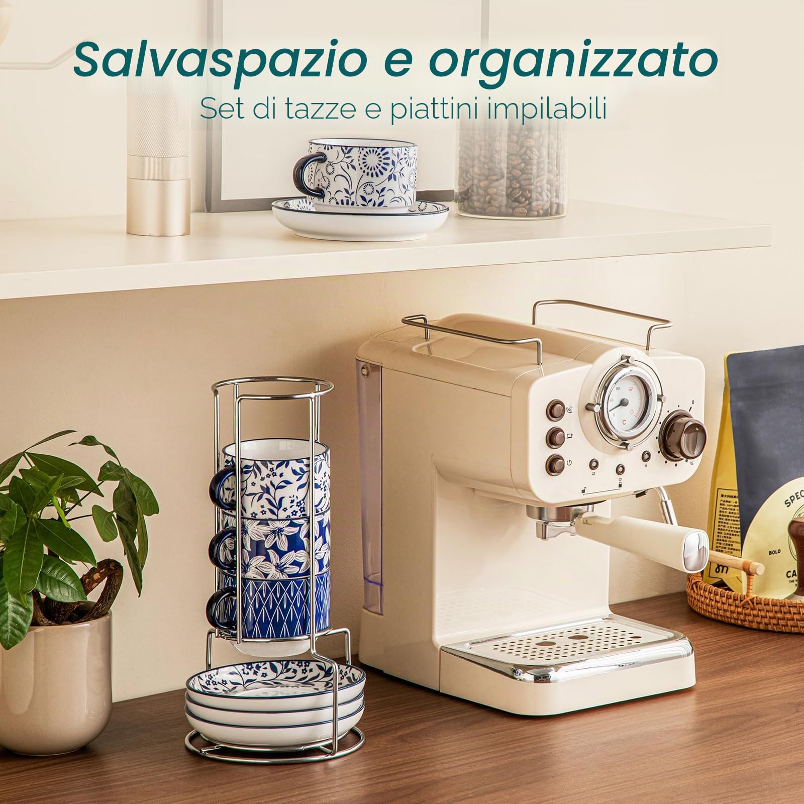 vancasso SELENE - Tazze da Caffè e Cappuccino con Piattino y Porta - 4 x 270 ml - Tazze da Colazione in Porcellana per Latte e Tè, Adatto a Lavastoviglie e Microonde - Vintage in Blu e Bianco