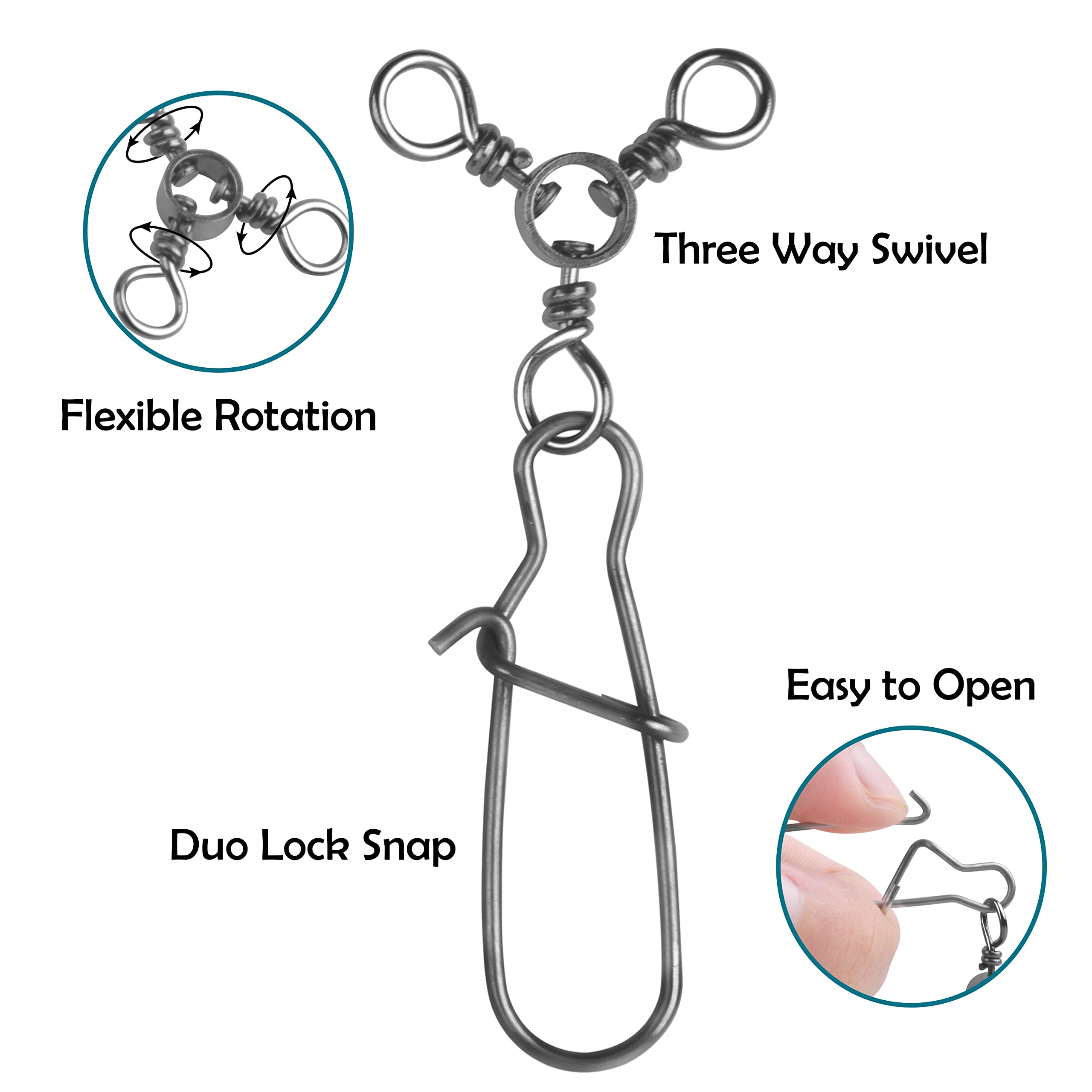 3 Way Snap Swivels Fishing Tackle, 25pcs High Strength T-Turn Fishing Swivels with Snaps Saltwater Fishing Lure Connectors for Trolling Catfish Rig