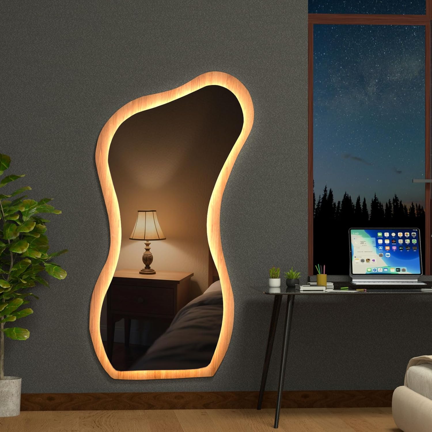 48" x 24" Irregular Led Wood Full Length Mirror with Lights Wavy Floor Mirror,Shatter-Proof Hanging/Leaning Irregular Asymmetrical Wall Mirror Wooden Framed Mirrors for Living Room Bedroom Entryway