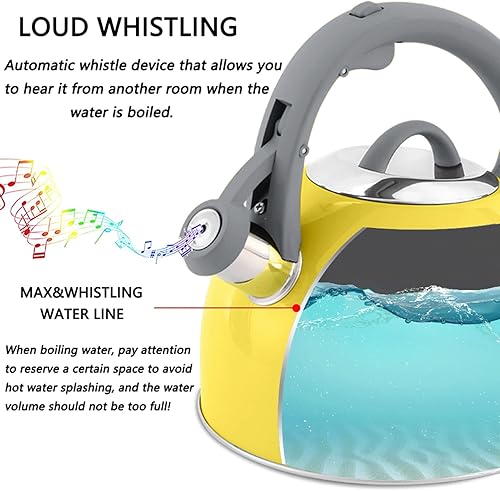 Miniatura 3 de Bonita estufa de té, hervidor de acero inoxidable con silbato fuerte, hervidor de agua caliente ideal y caldera de agua apta para hervir agua y té