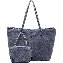 JQAliMOVV Denim Tote Bags for Women Casual Jean Purse Large Capacity 2 in 1 Denim Handbags with Zipper Bag