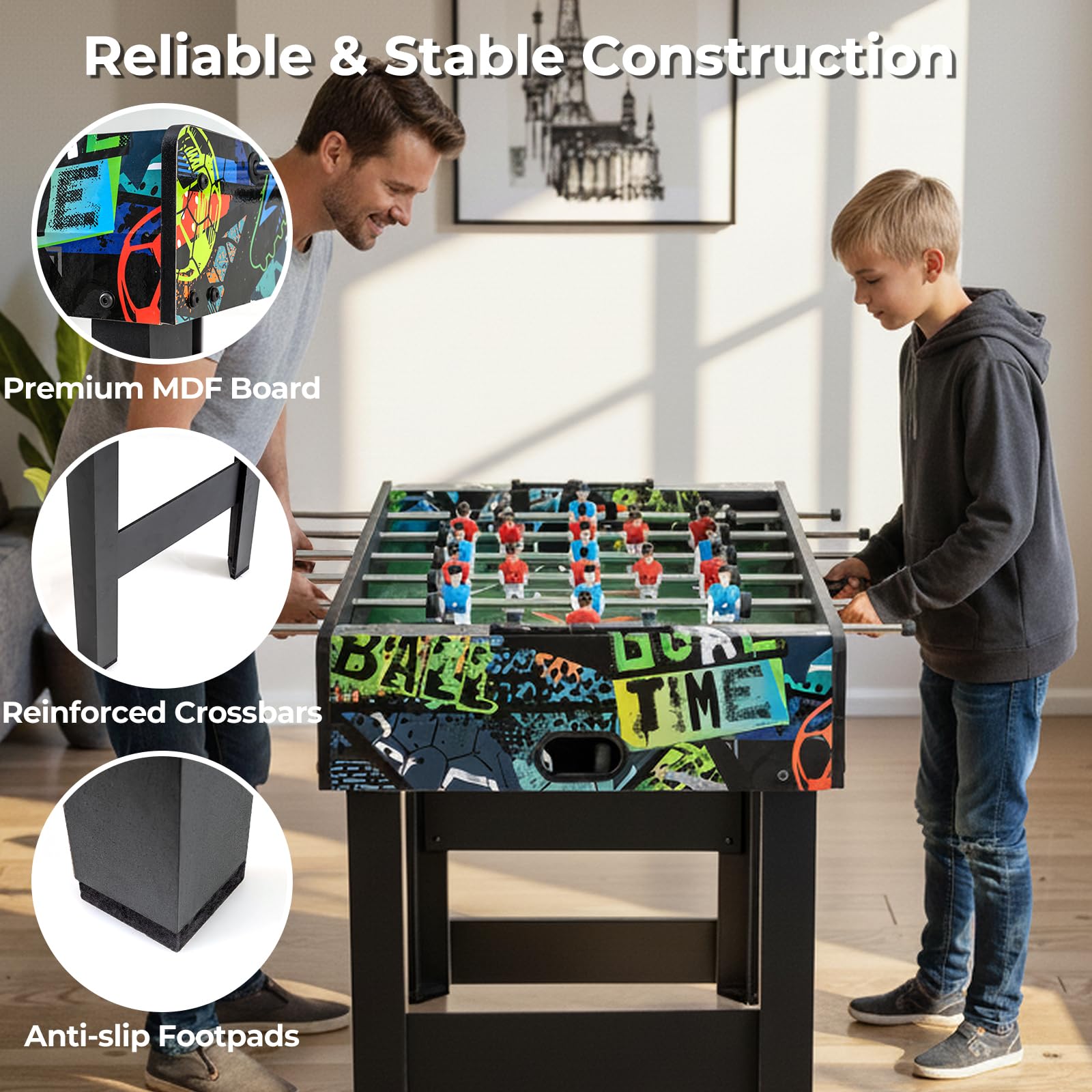 HOMASIS 2 in 1 Calcio Balilla Rimovibile per Bambini e Adulti, Calcetto da Tavolo con 2 Palline, 14 Giocatori e 2 Segnapunti, Biliardino per Bambini in Legno per Feste