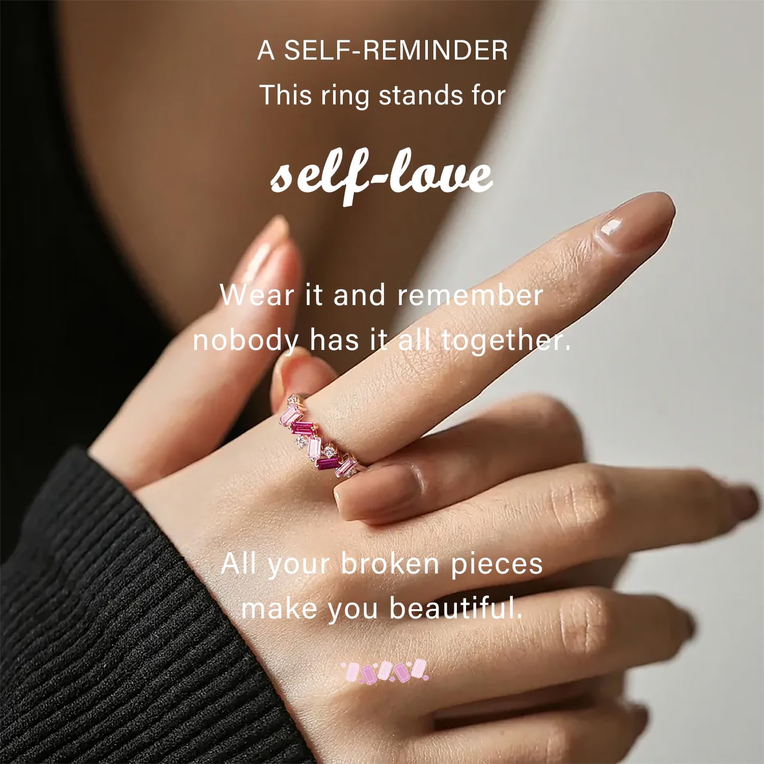 Nobody Has It All Together Pink Band Ring for women, S925 Plated with 14K White Gold Irregular Pink Self Love Ring, All Your Broken Pieces Make You Beautiful, Pink Jewelry Gift for women - Image 5
