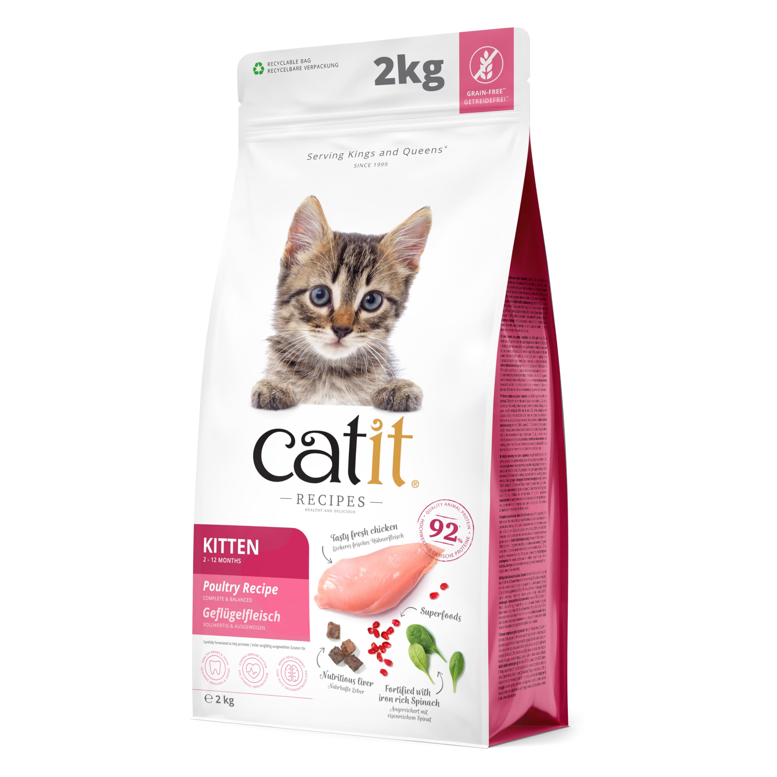 Catit Recipes Kitten Poultry Dry Cat Food, Natural Grain Free Dry Food with Fresh Liver and Taurine, Kitten Kibble for Healthy Growth, 2kg Bag