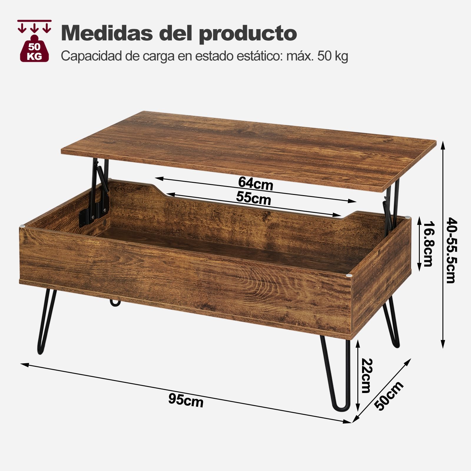 WOLTU Mesa de Centro Elevable y Extensible con Espacio Interno, Auxiliar con Patas Metálicas para Salón, 95x50x(40-55,5) cm, Madera Vintage, BTS18hov
