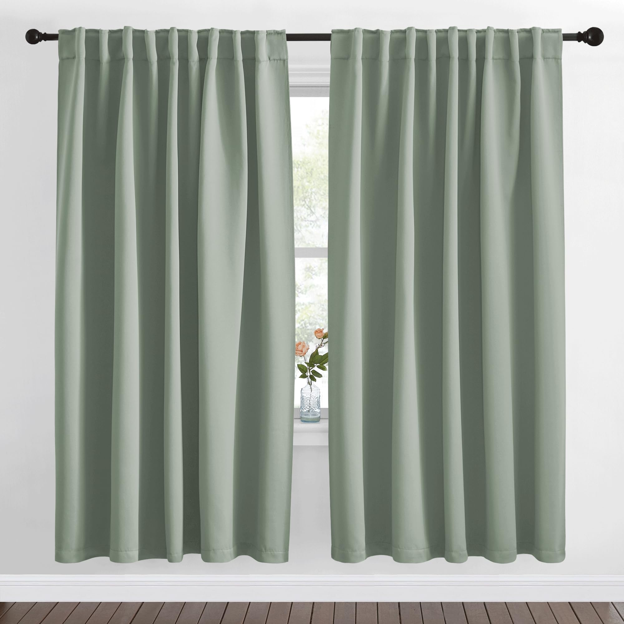NICETOWN Blackout Curtain Panels Window Draperies - (Greyish Green Color) 62x72 inch, 2 Pieces, Insulating Room Darkening Blackout Drapes for Doorway Shower Bathroom Laundry Room Bifold Door