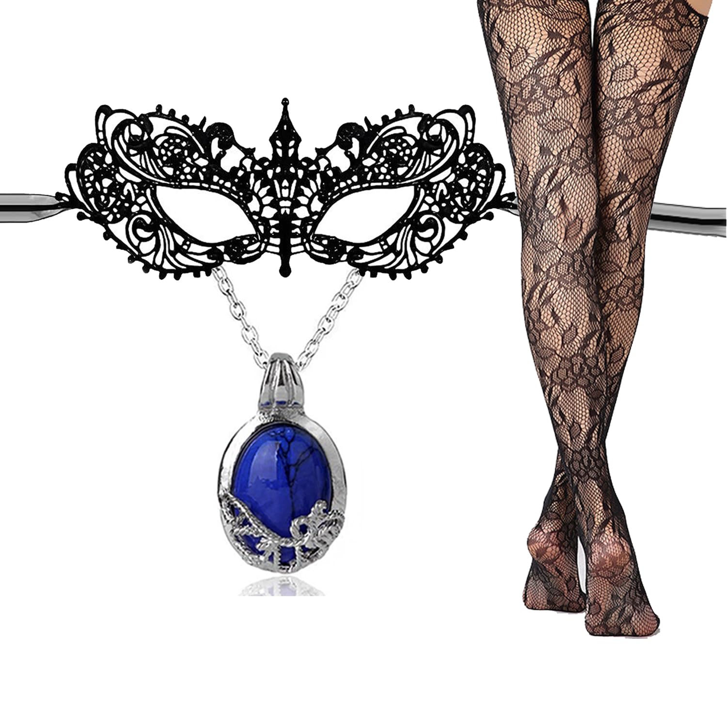 YouU 3 Pcs Women's Sexy Black Lace Eye Mask Blue Pendant Necklace & Fishnet Stockings Set for Masquerade Party Halloween Costume Cosplay