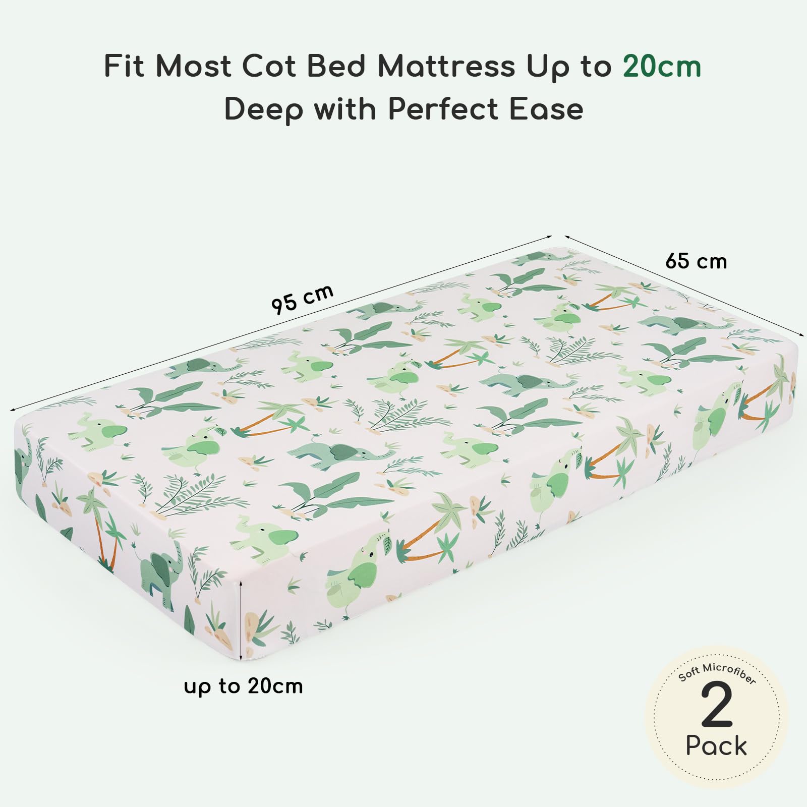Yukkidds Travel Cot Sheets 95x65cm Fitted Travel Cot Mattress Sheet 2 Pack Super Soft & Breathable Microfiber Green Elephant - Image 2