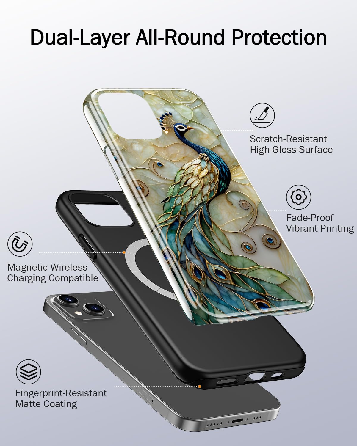 LUMARKE for iPhone 14 Case/iPhone 13 Case with Cute Wildflower Design – Aesthetic Y2K Floral Phone Cover for Women Girls, Dual-Layer Protection, Wireless Charging Compatible - Peacock and Flower - 3