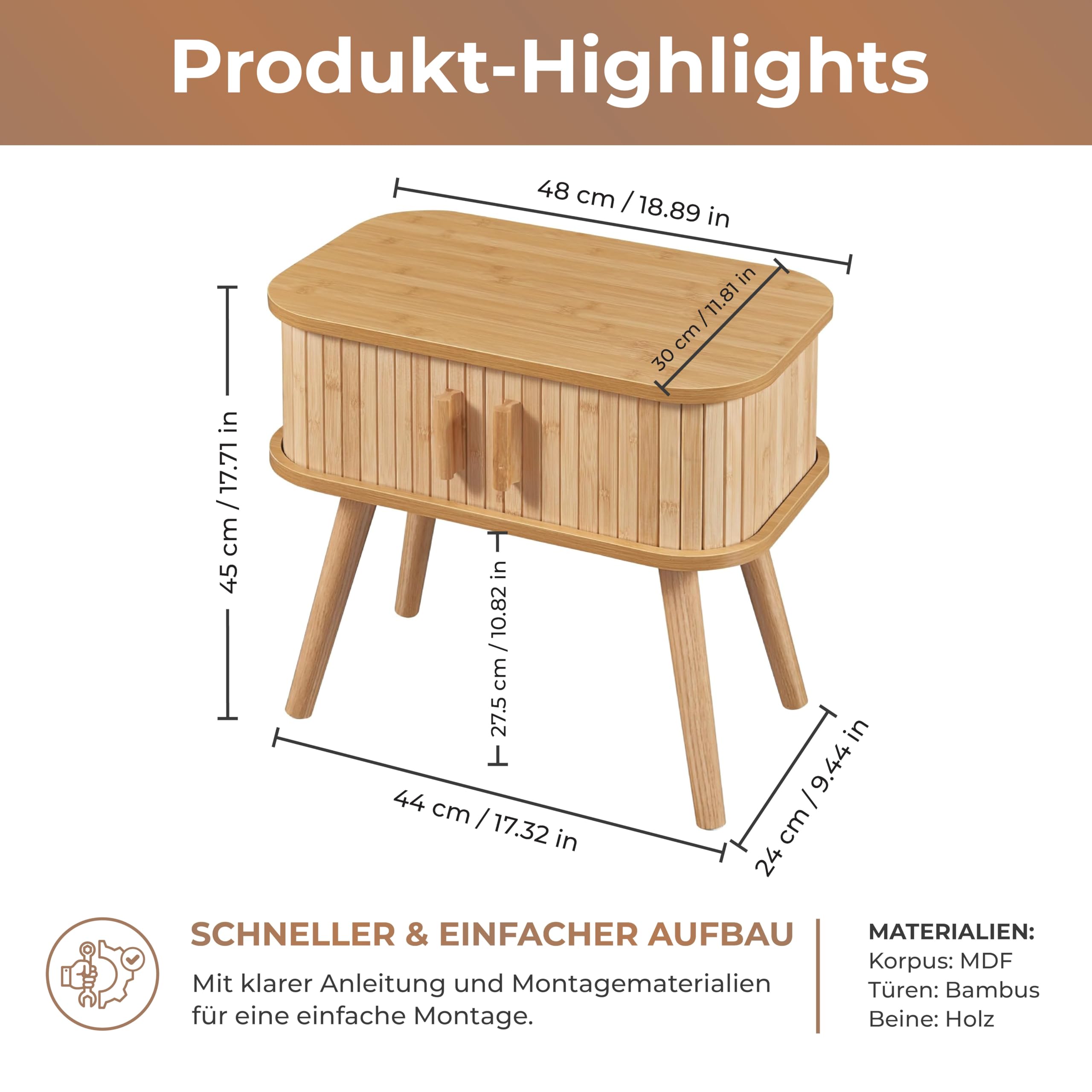 [en.casa] Nachttisch Nordkapp Beistelltisch mit 2 Schiebetüren Bambus Nachtschrank Sofatisch Holzbeine Nachtkästchen 48 x 30 x 45 cm