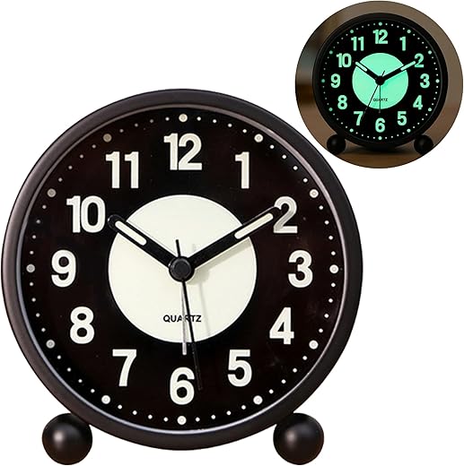 Alarm Clock Luminous 4 Round Silent Analog Table Clock Non Ticking, Battery Operated with Loud item