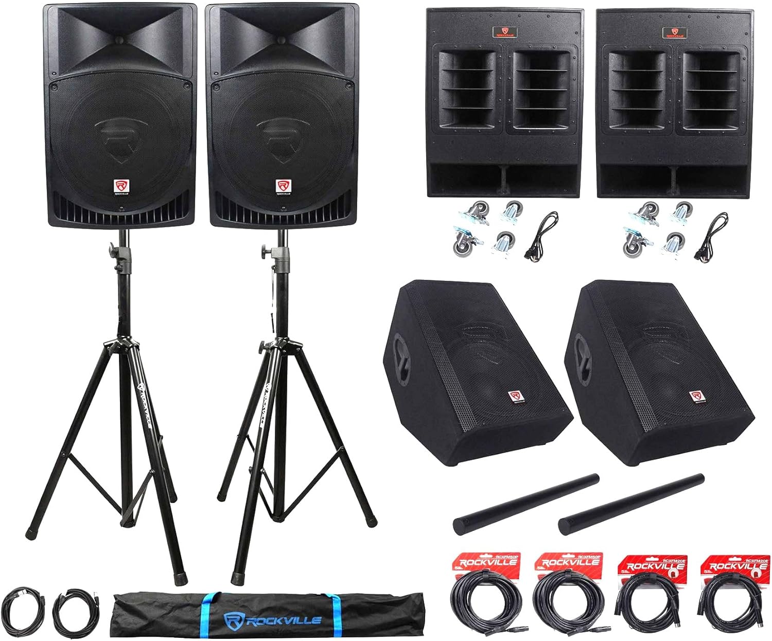 Rockville Complete Church PA System Bundle: (2) RPG15 15 in 1000W Powered PA Speakers, (2) RBG18FA 18" 3000W Folded Horn Subwoofers, (2) RSM15A 15" 1400W Stage Monitors, Stands, XLR Cables, 14-Items