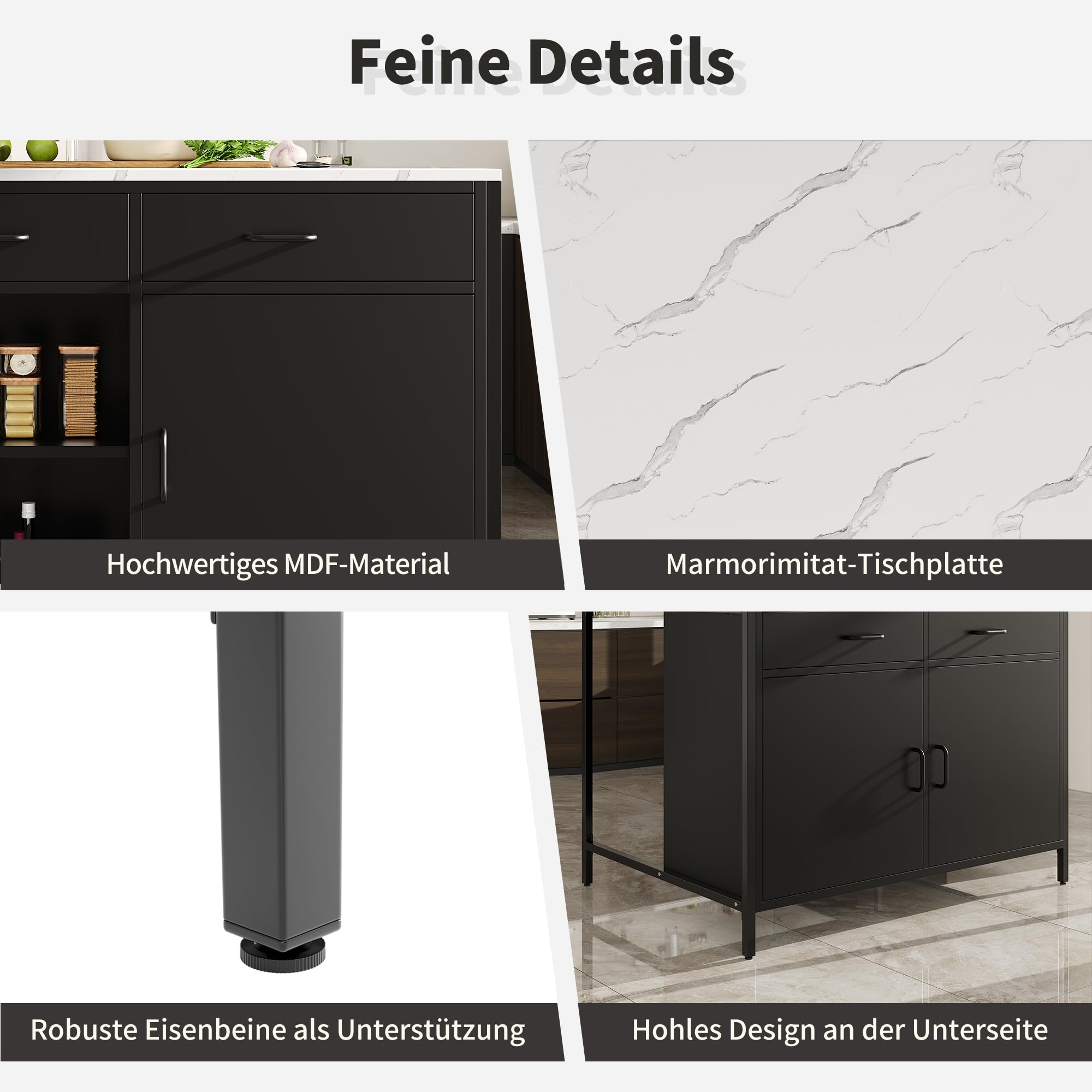 Kücheninsel, Küchenschrank mit 2 Schubladen, Frühstückstisch, Bar, Kücheninsel mit Regalen, Kücheninsel, Kücheninsel mit Marmorarbeitsplatten, 100 x 90 x 90cm,Verstellbare Füße,Schwarz + Weiß