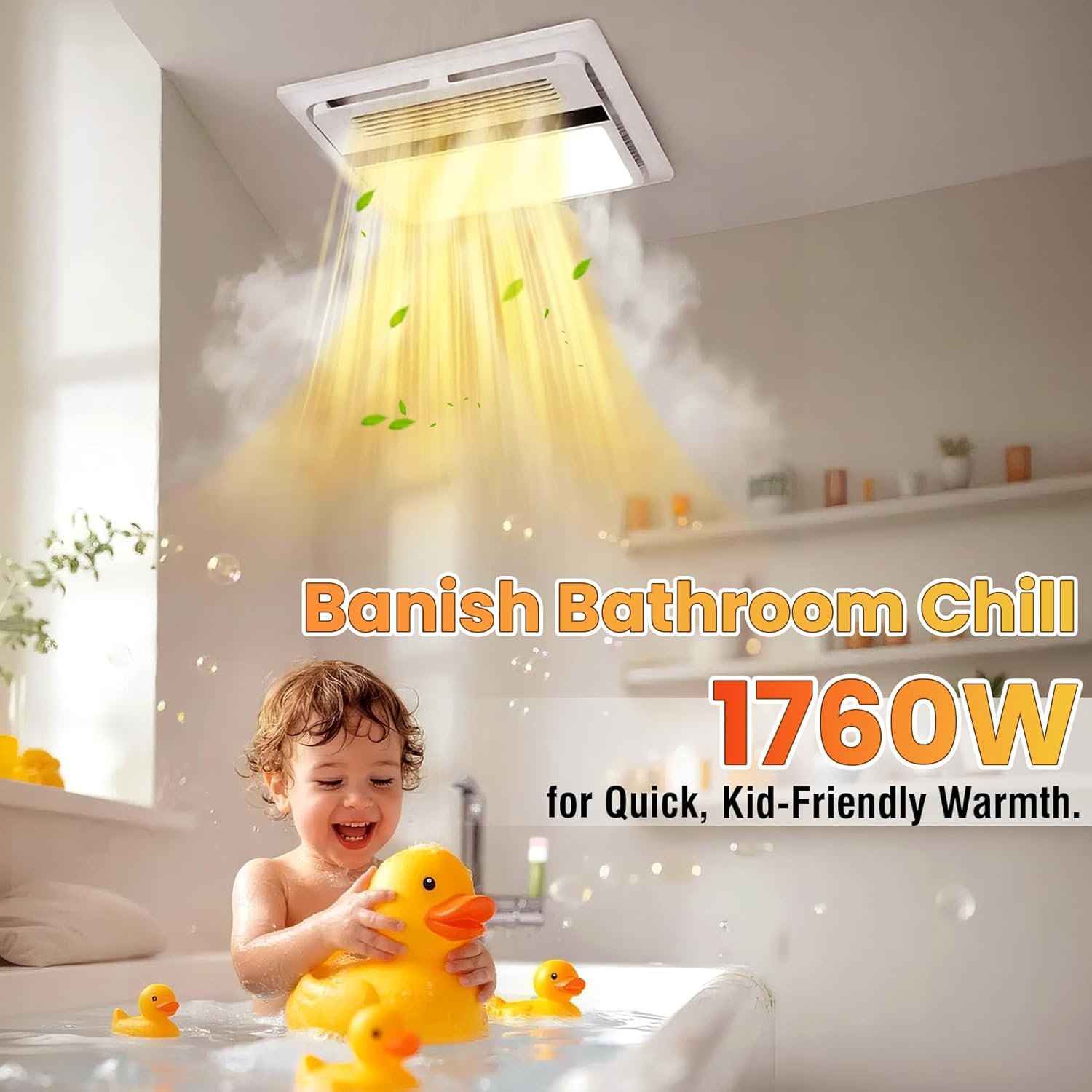 4-in-1 Bathroom Exhaust Fan with Heater, 190CFM, 1.0 Sone, 1760W, Bathroom Exhaust Fan with Light and Heater 11.2 in Ceiling Vent for Home Bath (Grey)
