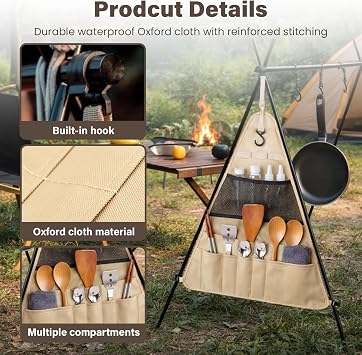 Camping Tableware Bag - Large Portable Outdoor Cutlery Organizer, Hanging Utensil Storage Pouch for BBQ, Hiking, Backpacking, Picnic, Kitchenware Accessories, Khaki Travel Cookware Kit (L)