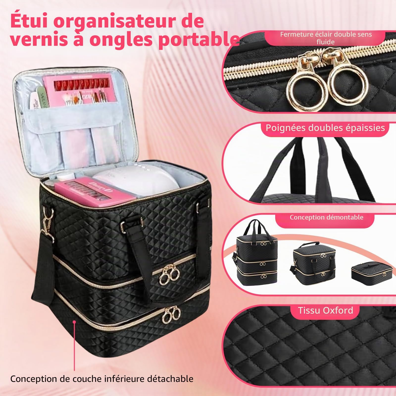 Rangement Vernis a Ongle, Organisateur de Vernis à Ongles à 3 étages pour 84 Flacons de Vernis à Ongles et 1 Lampe LED, Mallette Pratique avec Poignée et Bandoulière pour Accessoires de Manucure