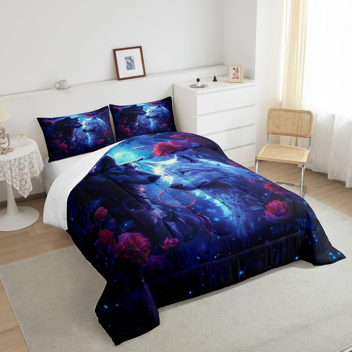 Feelyou Howling Wolf Comforter Set Full Size for Women Adults,Red Rose Wolf Couple Bedding Sets,Boho Dreamcatcher Comforter Set,Galaxy Moon Wolves Duvet Set 3 Pieces, 1 Quilt and 2 Pillowcases