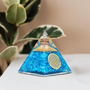 Aquamarine Orgonite Pyramid, Healing Crystal Pyramid, Pyramid Crystal Gemstone Pyramid for Meditation, Motivation, Positivity - Handmade in India